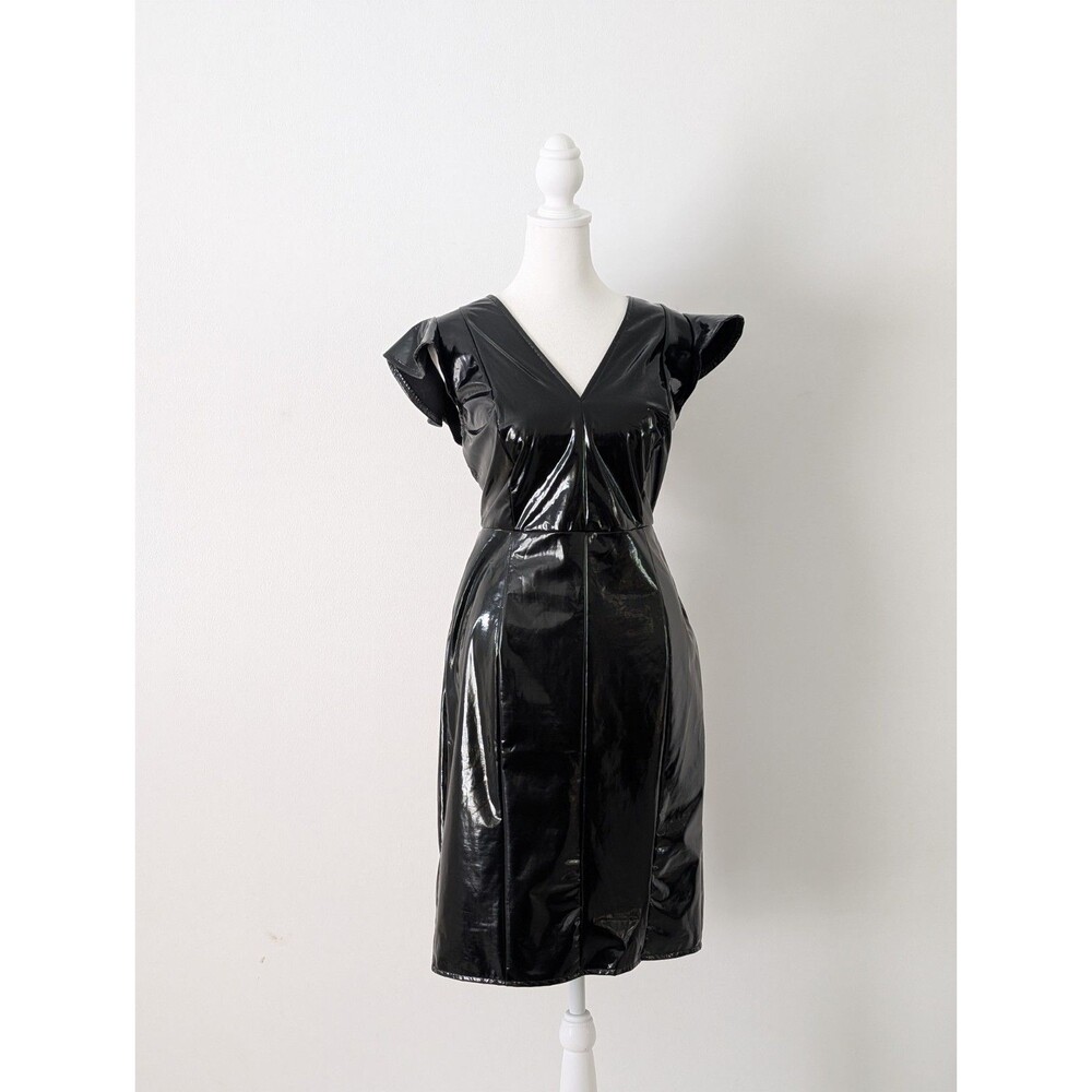 New York & Comp Dress Women M Black Faux Leather V-Neck Midi Flutter Sleeves